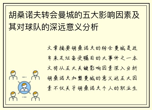 胡桑诺夫转会曼城的五大影响因素及其对球队的深远意义分析